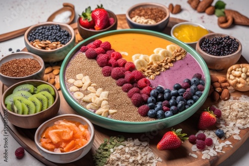 smoothie bowl with toppings and mix-ins, such as granola, fruits, and nuts, created with generative ai
