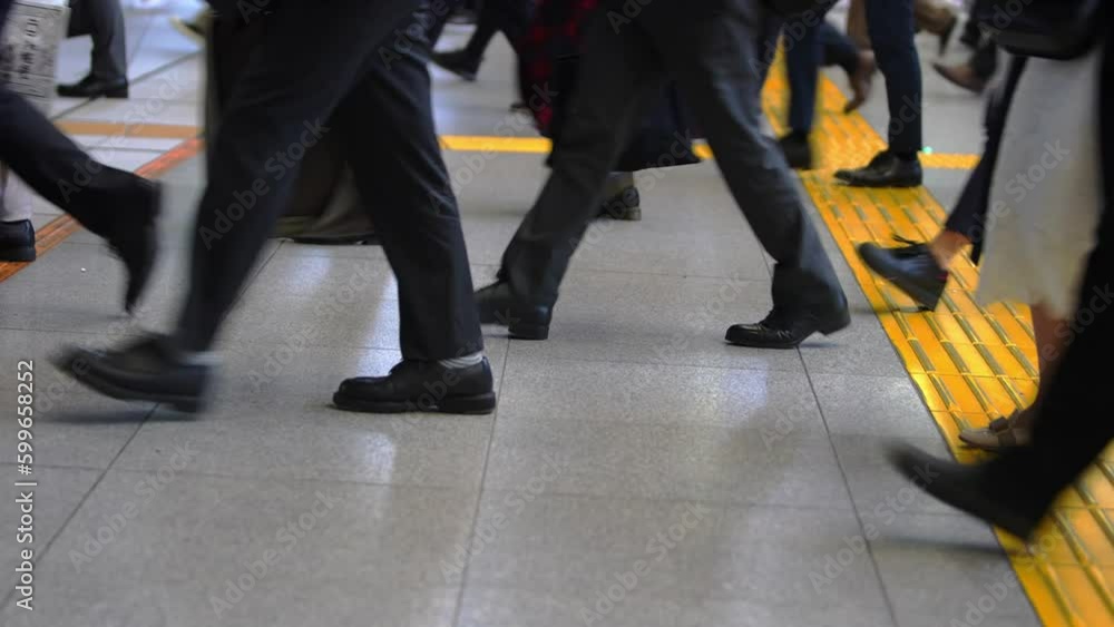 Footsteps through the streets as Japanese workers make their way to their jobs. The morning rush in Japan is a sight to behold, with many feet shuffling and scurrying on their way to work. Footsteps through the streets as Japanese workers make their way to their jobs. The morning rush in Japan is a sight to behold, with many feet shuffling and scurrying on their way to work.