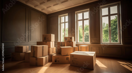Carton boxes with stuff in empty room. Office move concept, AI Generative