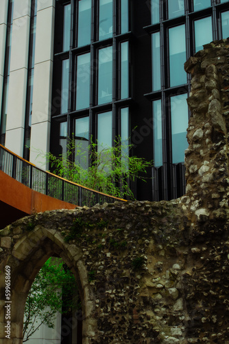 The ruins of old Roman city Londinium,  side by side with modern office buildings  in London, England (ID: 599658669)