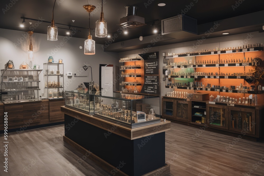 smoke shop, with a variety of vaporizers, pipes, and bongs on display, created with generative ai