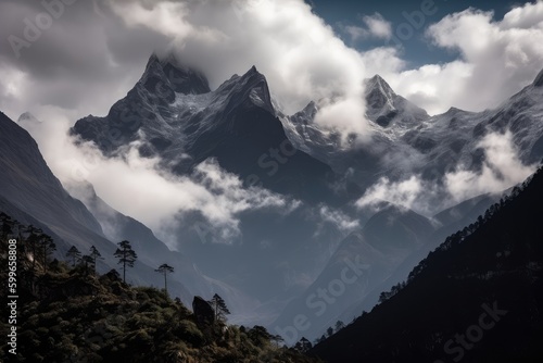 gigantic mountain range  with misty clouds hovering above and towering peaks in the background  created with generative ai