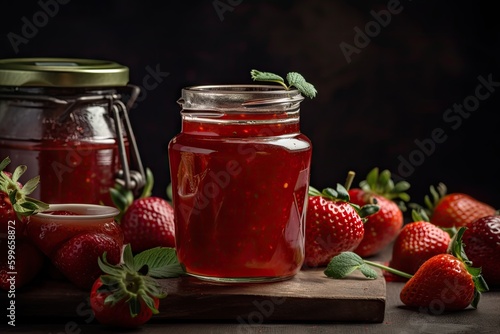 homemade strawberry jam, with hints of lemon and vanilla, in vintage jar, created with generative ai