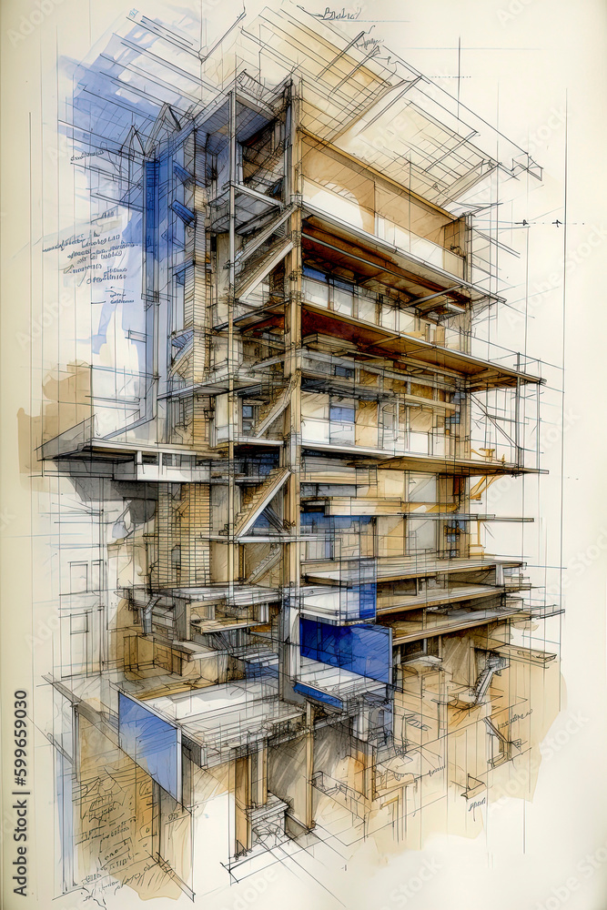 Generative AI illustration of construction house plans drawn with colored watercolors viewed