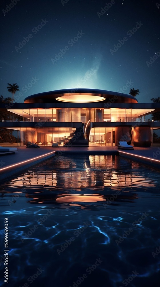 Architecture Modern Illuminated Luxury House Design at Night. Generative ai
