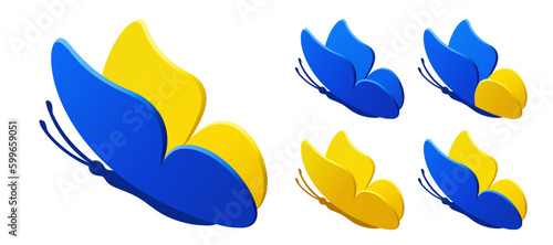 Fototapeta Naklejka Na Ścianę i Meble -  Blue yellow monarch butterfly silhouette side view on white background. Modern vector graphic illustration. Patriotic concept is perfect for Ukraine patriot sticker, icon and decoration design