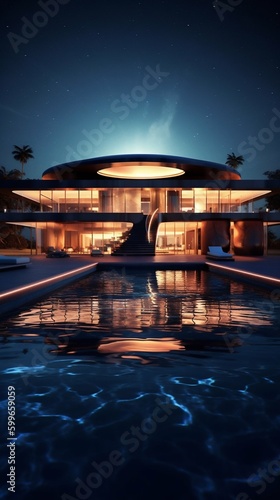 Architecture Modern Illuminated Luxury House Design at Night. Generative ai