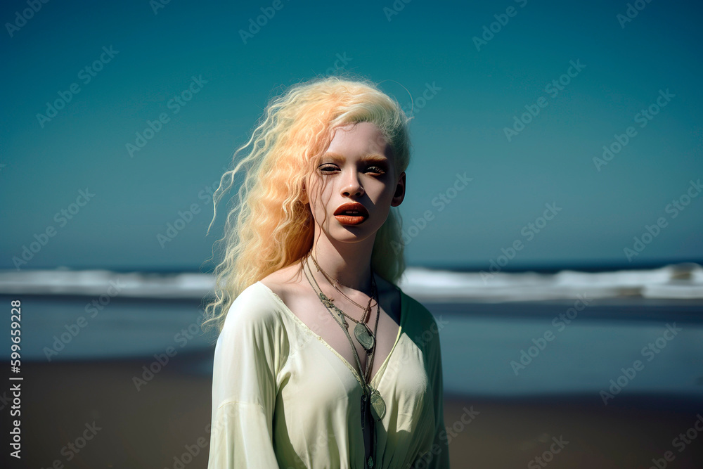 Generative AI illustration of Portrait of Black albino girl with vitiligo