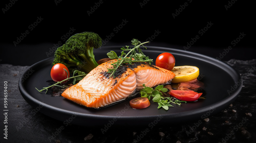 Sizzling Salmon Delight, Grilled and Served on a Black Stone Plate with Fresh Vegetables. AI Generative Sizzling Salmon Delight, Grilled and Served on a Black Stone Plate with Fresh Vegetables. AI Generative