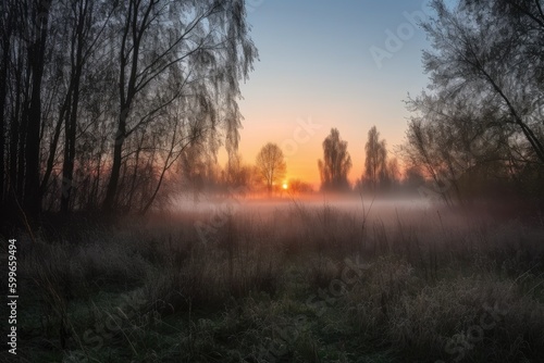 sunrise  with misty meadow and silhouetted trees in the background  created with generative ai