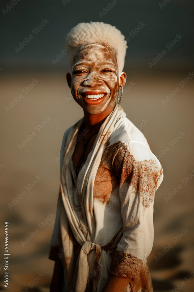 Generative AI illustration of Portrait of Black albino girl with vitiligo