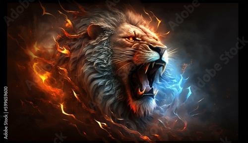Roaring Mighty Fantasy Lion with Flames and Glowing Aura. Generative ai