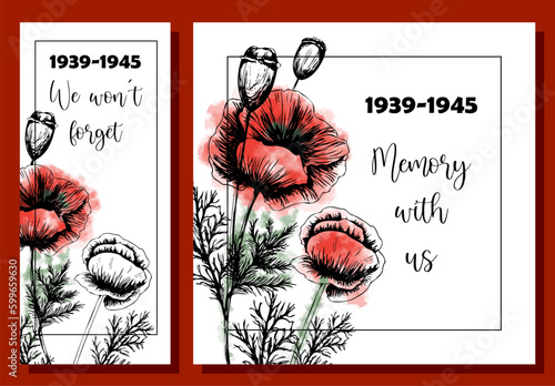 A set of congratulatory posters for the day of remembrance of the Second World War.Red poppies.May 8 and 9.