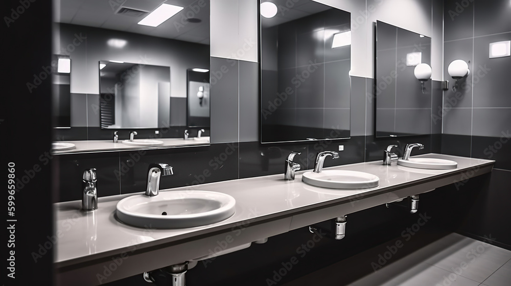 Empty bathroom public restroom interior with washing hand sinks. Mirror with hand basin and faucet in clean toilet. AI Generative Empty bathroom public restroom interior with washing hand sinks. Mirror with hand basin and faucet in clean toilet. AI Generative
