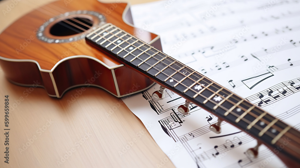 Musical notes and guitar neck on white wooden background. AI Generative Musical notes and guitar neck on white wooden background. AI Generative