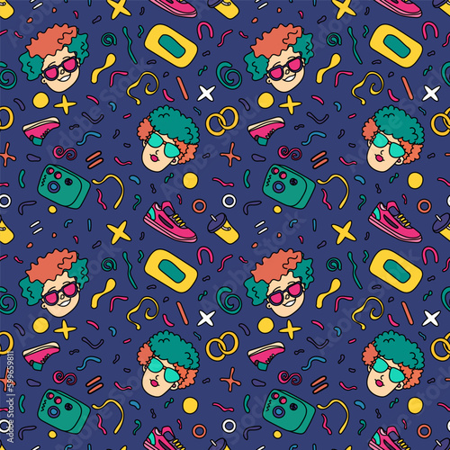 Y2k seamless pattern.  Trendy 90s and 80s seamless pattern with heads, sneakers and cool objects. Retro style background
