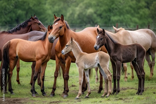herd of horses, with one newborn foal in the center, created with generative ai