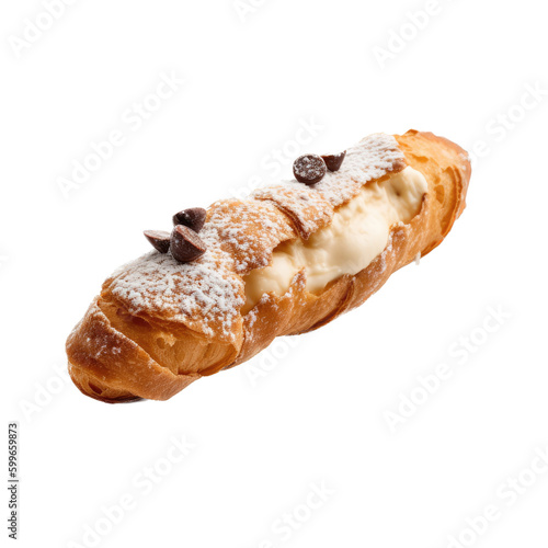 isolated Canolis, cream filled, chocolate chips, chocolate dipped and drizzled, Food-themed, photorealistic illustrations on a transparent background cutout in PNG. Generative AI