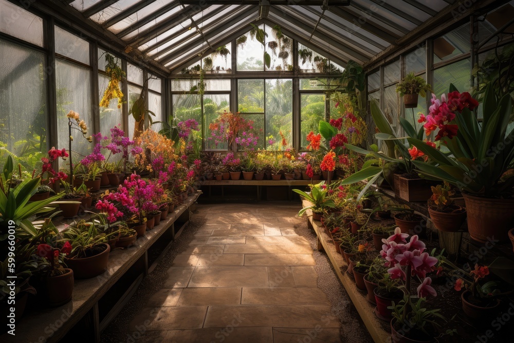 greenhouse filled with colorful orchids and bromeliads, created with generative ai