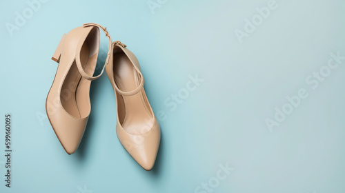 Stylish classic womens beige leather shoes with medium high heels, side shot on pink blue multi-colored paper background. Copy space, flat lay. Shoe sale, clearance ad concept. AI Generative