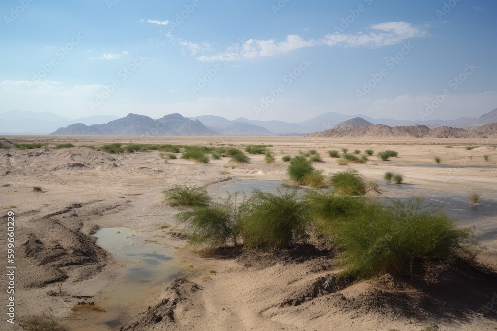 oasis in the middle of a barren desert, with distant mountains in the background, created with generative ai