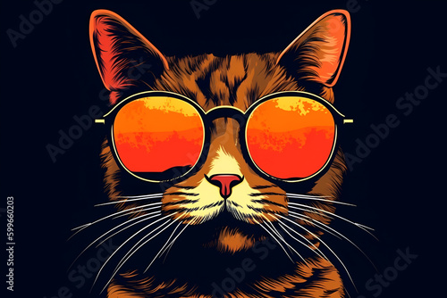 Head of Cool Red Cat on Sunglasses on Black Background: AI Generated Image © Nikki AI