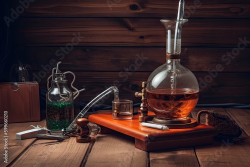 vaporizer and bong, with glass pipe and lighter, on wooden table, created with generative ai photo