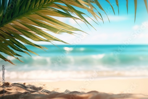 Summer sandy beach with blur ocean on background. Palm leaves on foreground