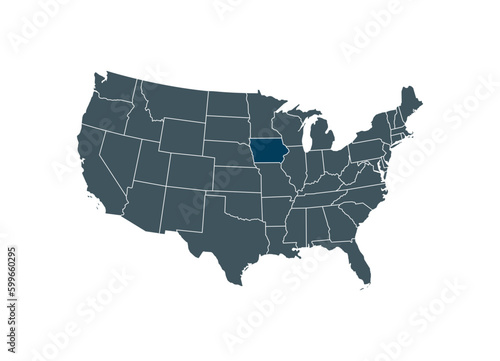 Map of Iowa on USA map. Map of Iowa highlighting the boundaries of the state of Iowa on the map of the United States of America.