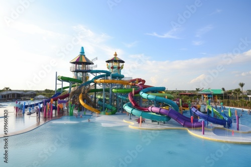 water park with tall and winding slides, including one that goes directly into the water, created with generative ai