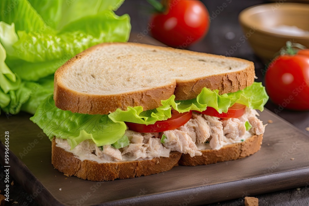 tuna salad sandwich on fluffy white bread with lettuce and tomato, created with generative ai tuna salad sandwich on fluffy white bread with lettuce and tomato, created with generative ai