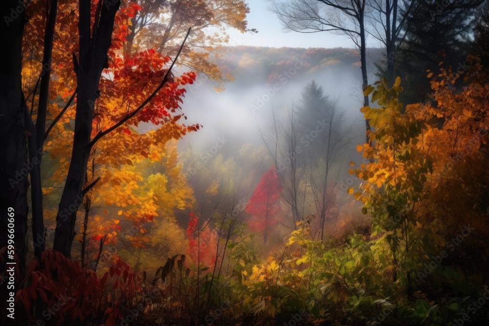 magical moment, with mist rising from the forest, and colorful autumn leaves peeking through, created with generative ai