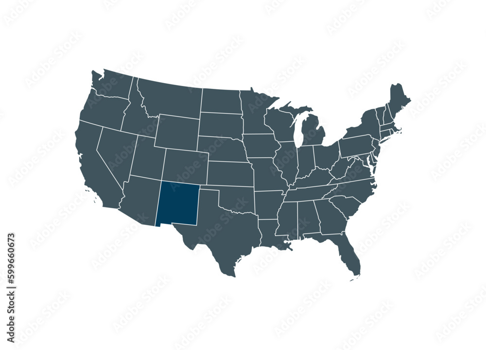 Map of New Mexico on USA map. Map of New Mexico highlighting the boundaries of the state of New Mexico on the map of the United States of America.