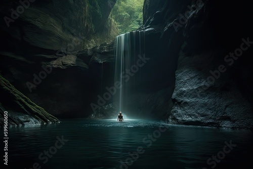dramatic waterfall scene, with person swimming beneath the cascade of water, created with generative ai