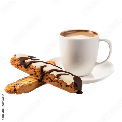 isolated, coffee with Biscottis chocolate dipped and drizzled, Food-themed, photorealistic illustrations on a transparent background cutout in PNG. Generative AI