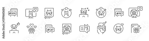 Pet social media presence. Cat and dog bloggers. Pixel perfect, editable stroke icons set