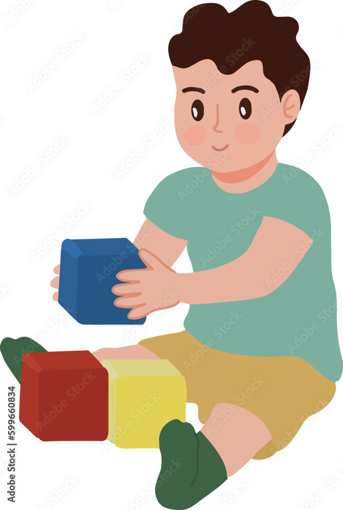 Vector of little boy toddler baby back view with cubes and ball behind illustration