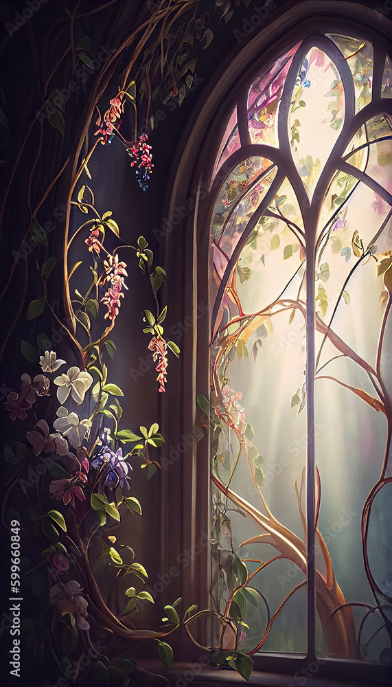 An Epic Stained Glass Window Flowers and Vines Light Rays Shining Through the Window AI Generative