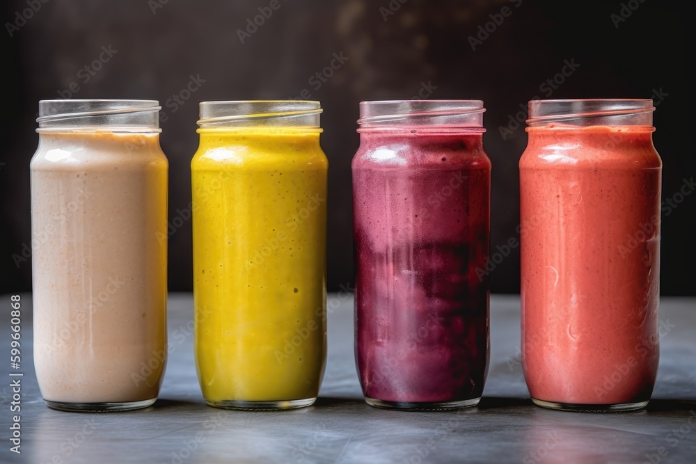 four smoothies and shakes of different colors, textures, and flavors, created with generative ai four smoothies and shakes of different colors, textures, and flavors, created with generative ai
