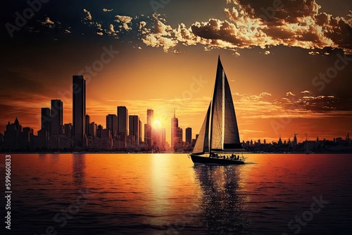 sunset sailboat sailing past city skyline, with the sun setting behind, created with generative ai