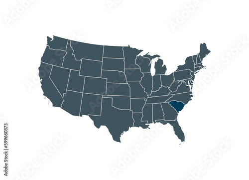 Map of South Carolina on USA map. Map of South Carolina highlighting the boundaries of the state of South Carolina on the map of the United States of America.