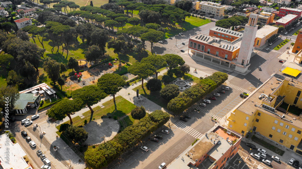 Aerial view of the main square and the civic tower in the historic center of Sabaudia, in the province of Latina, Italy.