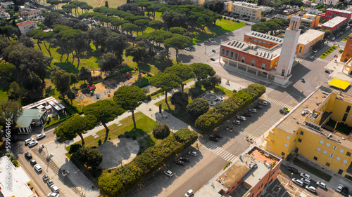 Aerial view of the main square and the civic tower in the historic center of Sabaudia  in the province of Latina  Italy.