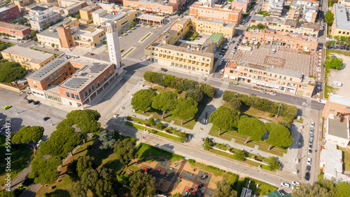 Aerial view of the main square and the civic tower in the historic center of Sabaudia, in the province of Latina, Italy.