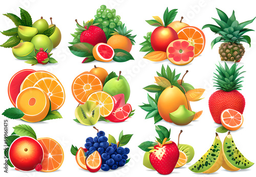 A set of exotic fruits and berries (melon, grapefruit, grapes, orange, strawberry, pineapple, pear, peach) with green leaves isolated on a white background. Generative AI.