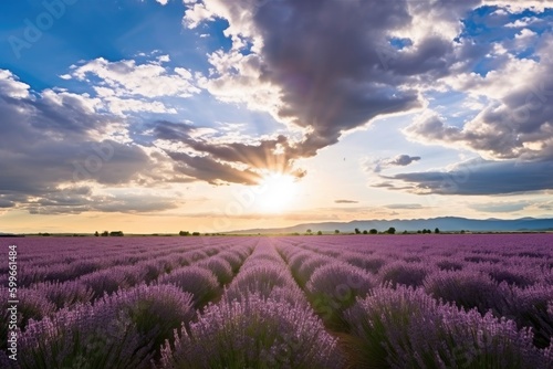 lavender field blooming in the sunlight, with dramatic sky in the background, created with generative ai