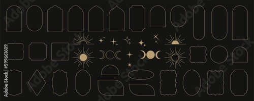 Set of minimalistic linear arch frames in modern minimalist Y2k aesthetic style. Abstract vector design line elements - sun, moon, star, sparkle, geometric form for banner, social media, poster.