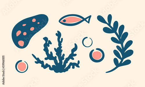 marine elements of the underwater world, shells, corals, fish, algae, bubbles, vector illustration in flat style, minimalism