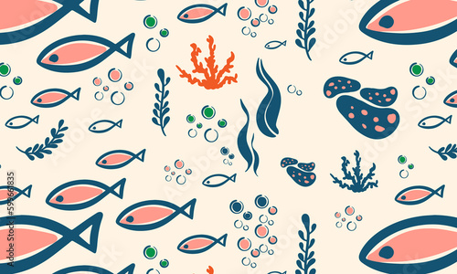 marine elements of the underwater world, shells, corals, fish, algae, bubbles, vector illustration in flat style, minimalism