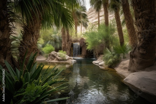 desert oasis with waterfall, surrounded by greenery, created with generative ai